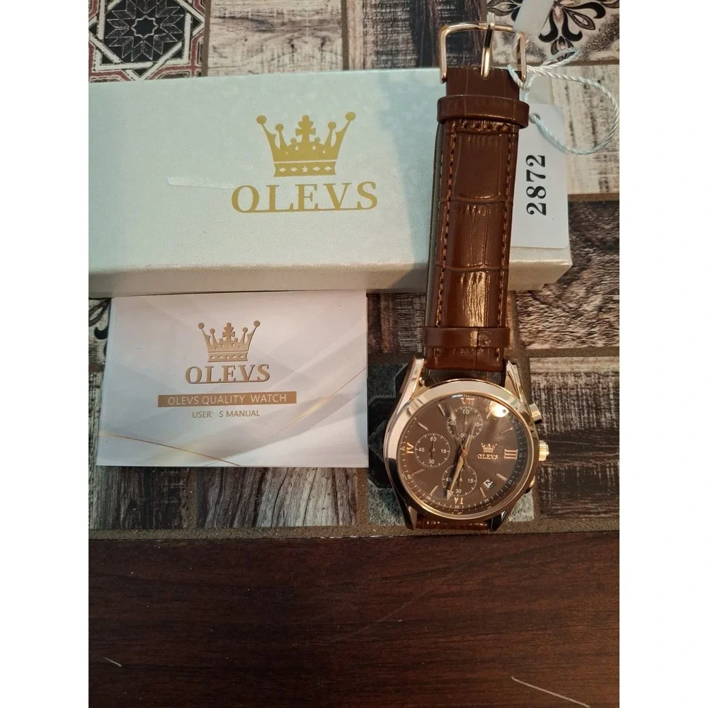 NIB OLEVS 2872G Mens Chrono,Quartz Movement Watch. Brown Dial& Strap. Stainless.